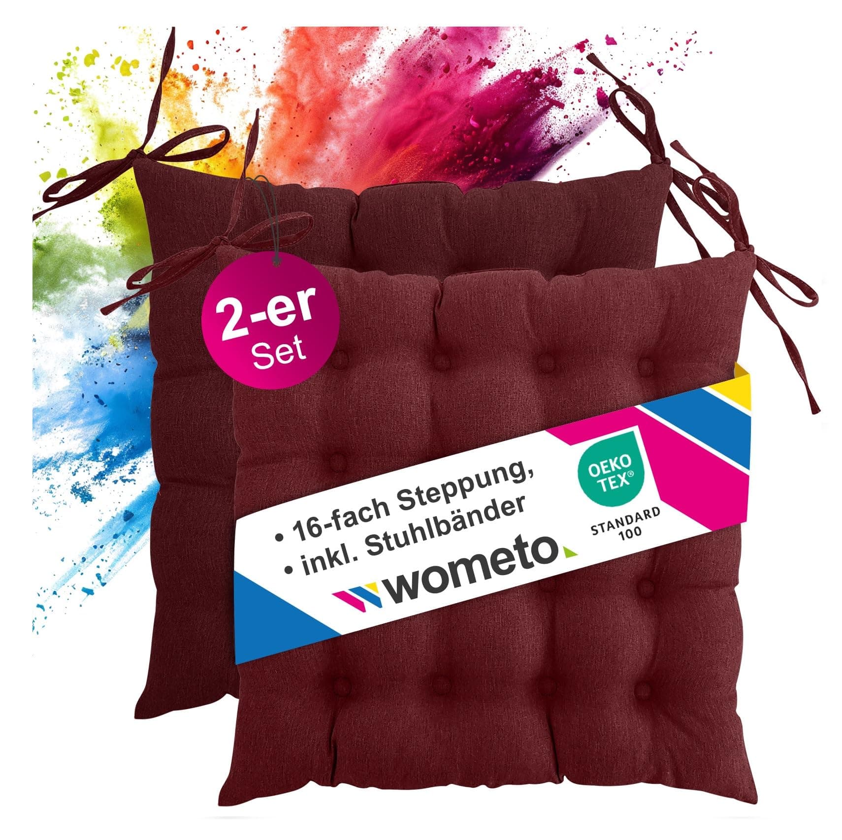 Wometo 2er Set Oeko-TEX Dunkelrot Weinrot Stuhlkissen Sitzkissen mit Bändern Indoor Outdoor