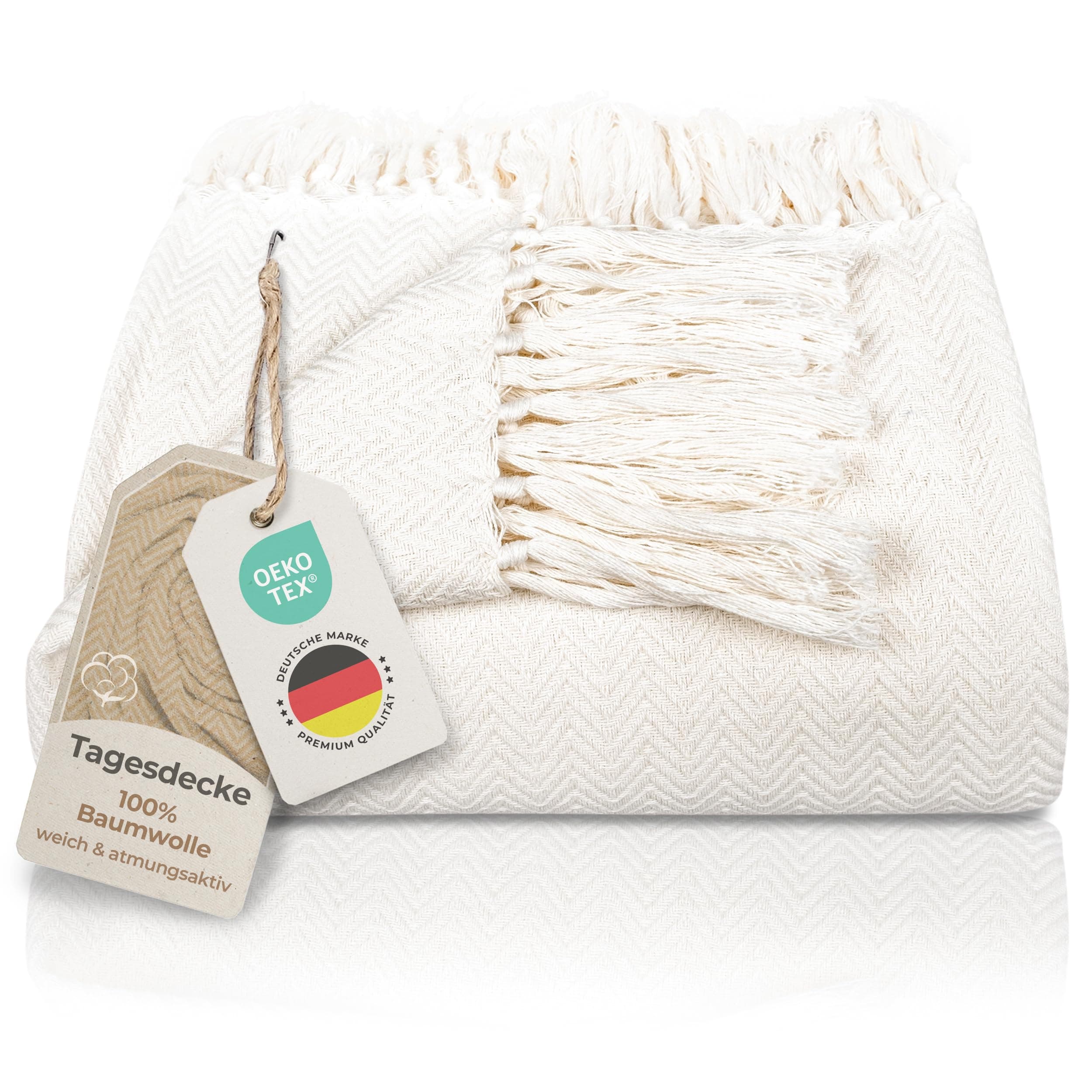 Gräfenstayn Premium Baumwolltagesdecke Creme - 100% Baumwolle - Sommerdecke - Fischgrätenmuster - Bett- und Couch-Überwu