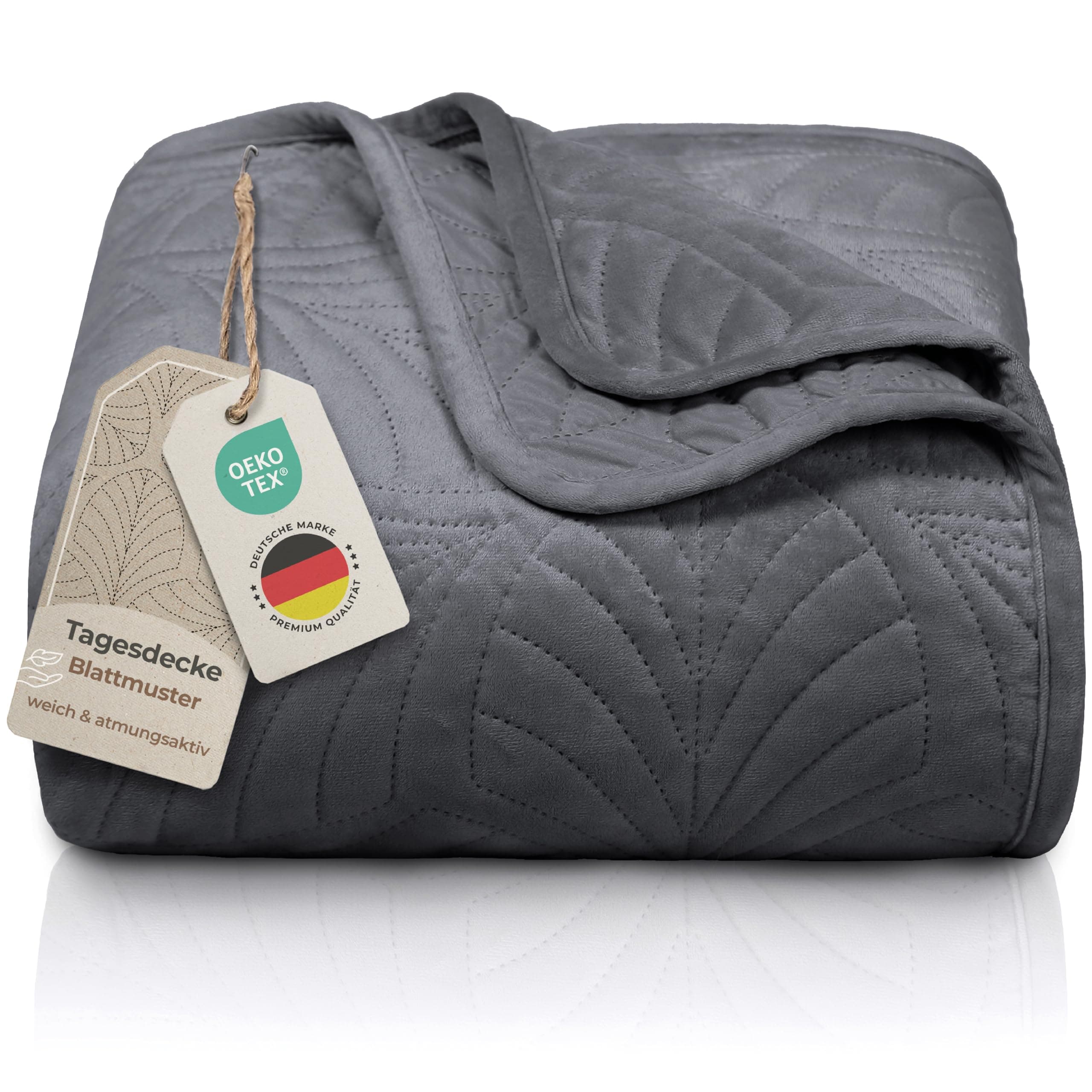 Gräfenstayn Premium Tagesdecke Anthrazit - weich, knitterfrei & pflegeleicht - Nahtlose Steppung & Blatt-Design - Bett &