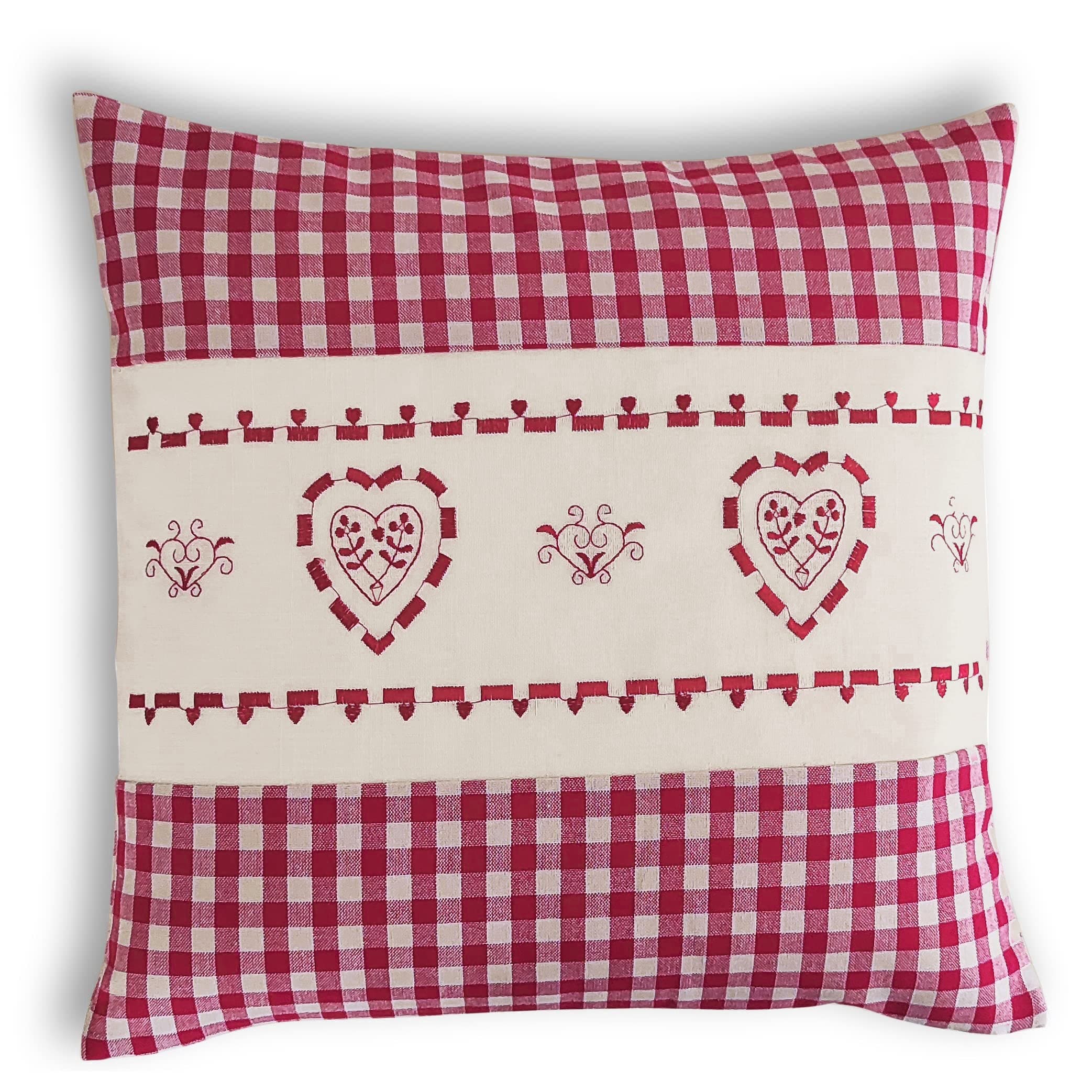 OekoTex Zierkissen 40x40 - Landhaus-Stil Dekokissen mit Reißverschluss, Herzrot karieret, Heller Hintergrund, OEKO-TEX S